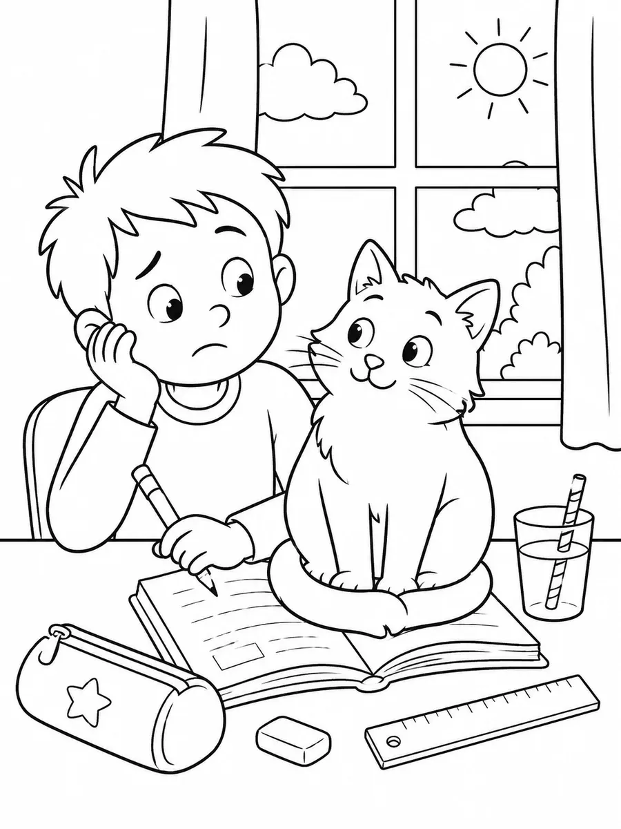 孩子做作业猫坐在书本上的涂色画