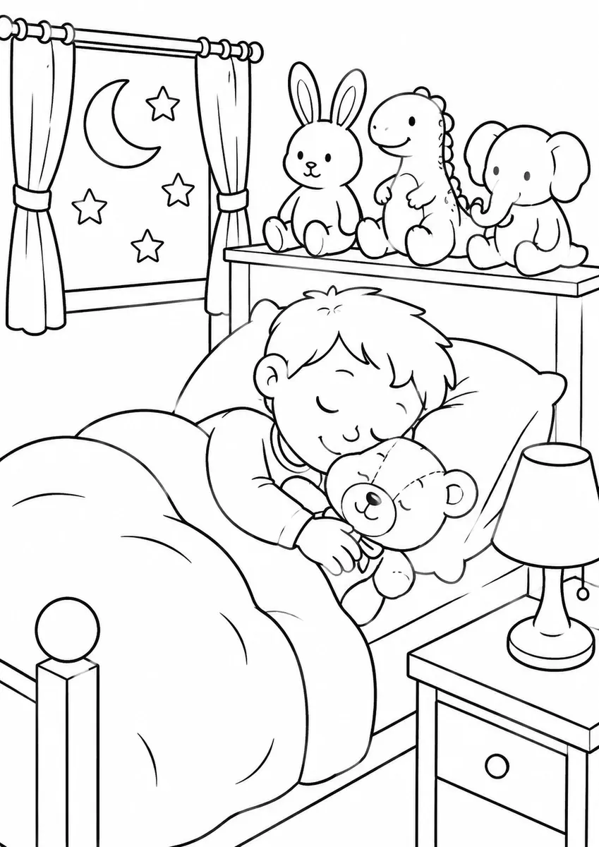 孩子抱着毛绒玩具睡着的涂色画