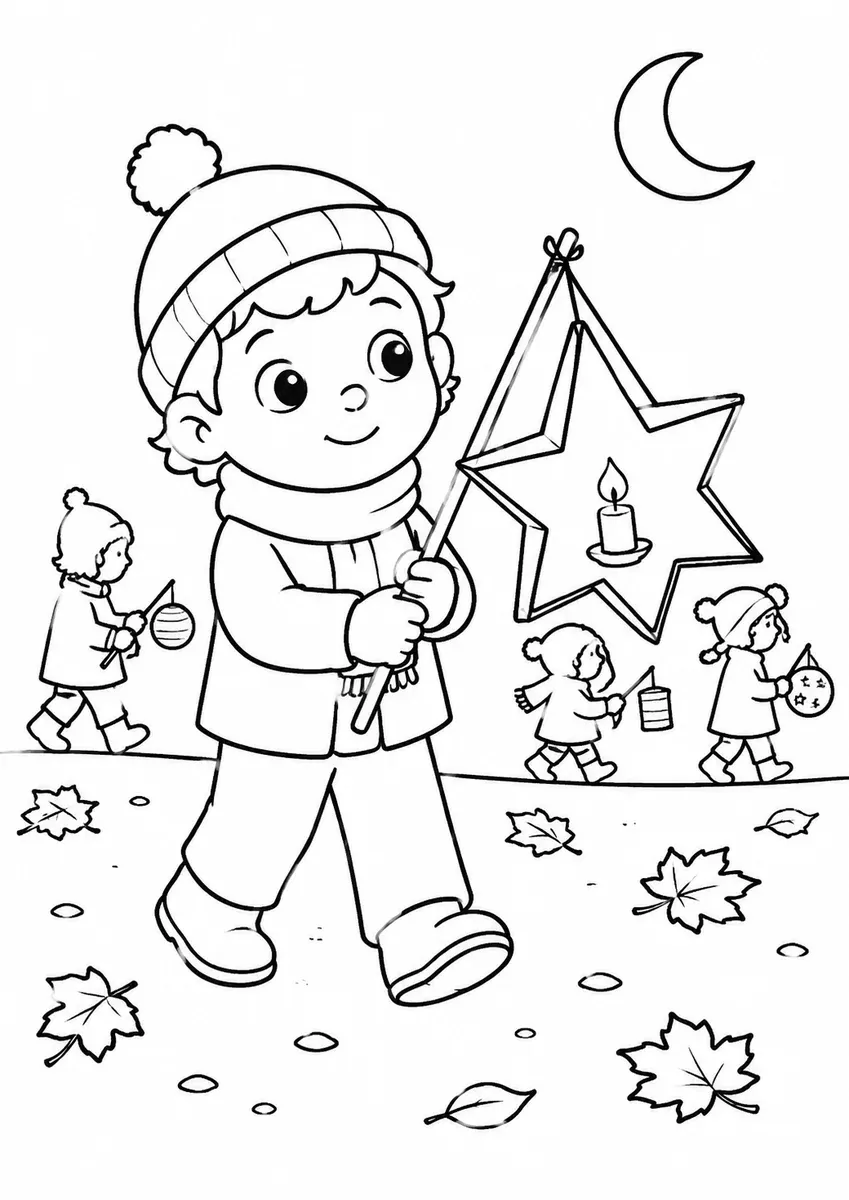 孩子在圣马丁节游行中提星形灯笼的涂色画