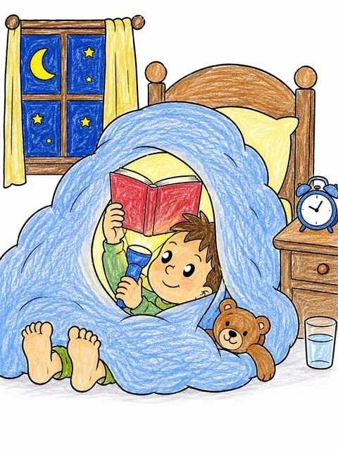 孩子躲在被子下打手电看书的涂色画