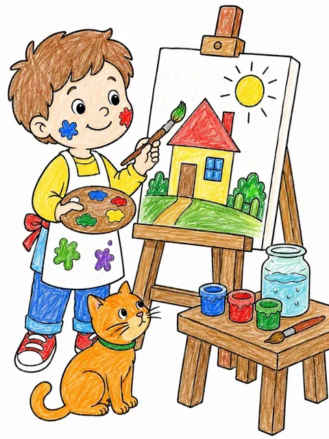 Ausmalbild eines Kindes das mit Pinsel und Palette an einer Staffelei malt