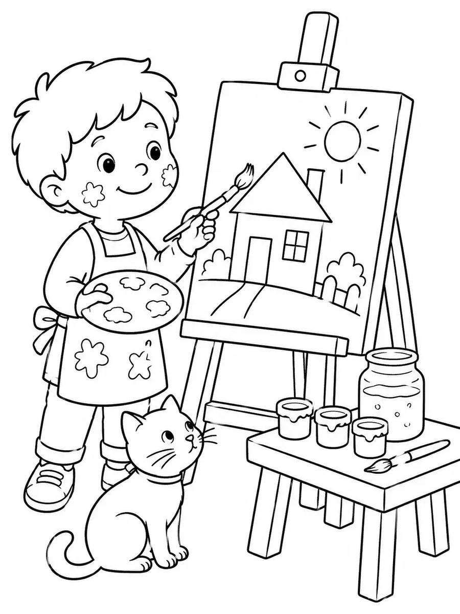 孩子拿着画笔和调色板在画架前的涂色画