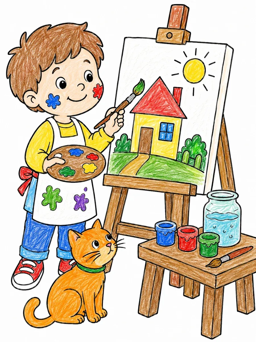 孩子在画架前作画