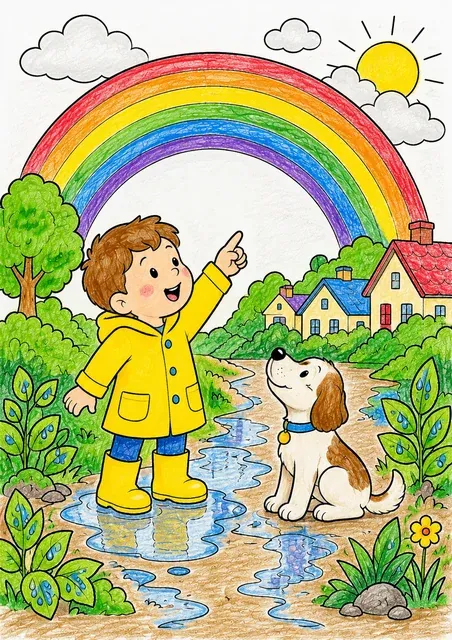 Kind zeigt auf Regenbogen nach dem Regen – So könnte es aussehen