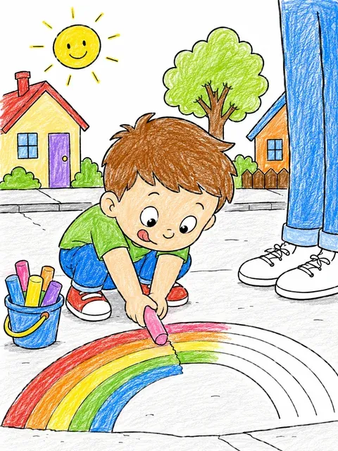 Ausmalbild eines Kindes das mit Kreide einen Regenbogen auf den Gehweg malt