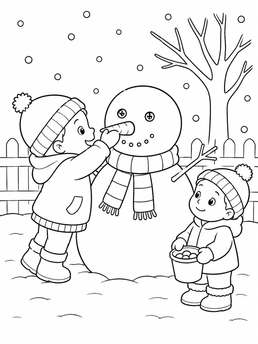 Ausmalbild eines Kindes das im Garten einen Schneemann baut