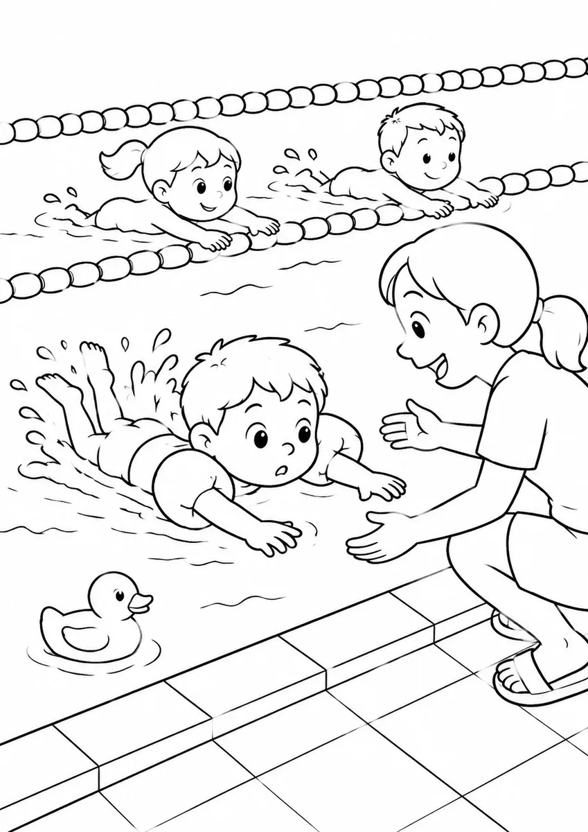 Ausmalbild eines Kindes mit Schwimmflügeln das im Pool schwimmen lernt