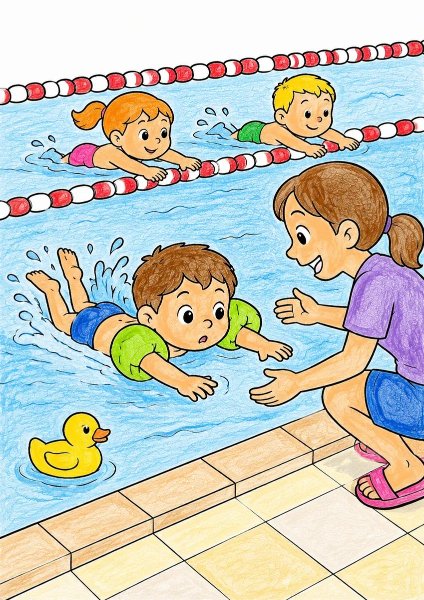 Kind lernt schwimmen mit Schwimmflügeln