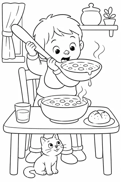 孩子用太大的勺子喝汤