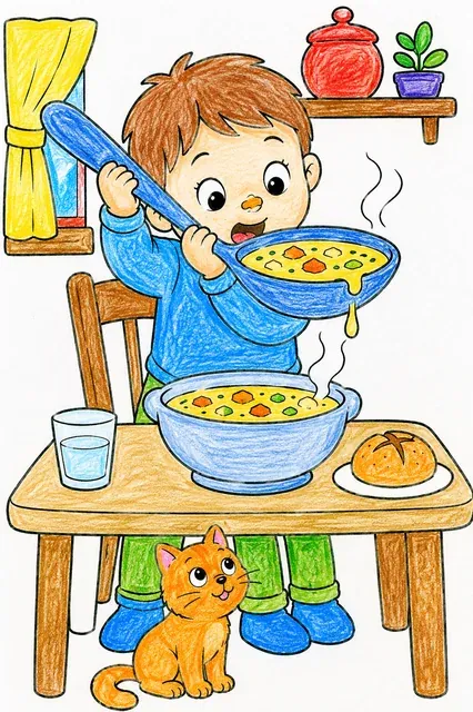 Kind isst Suppe mit zu großem Löffel – So könnte es aussehen
