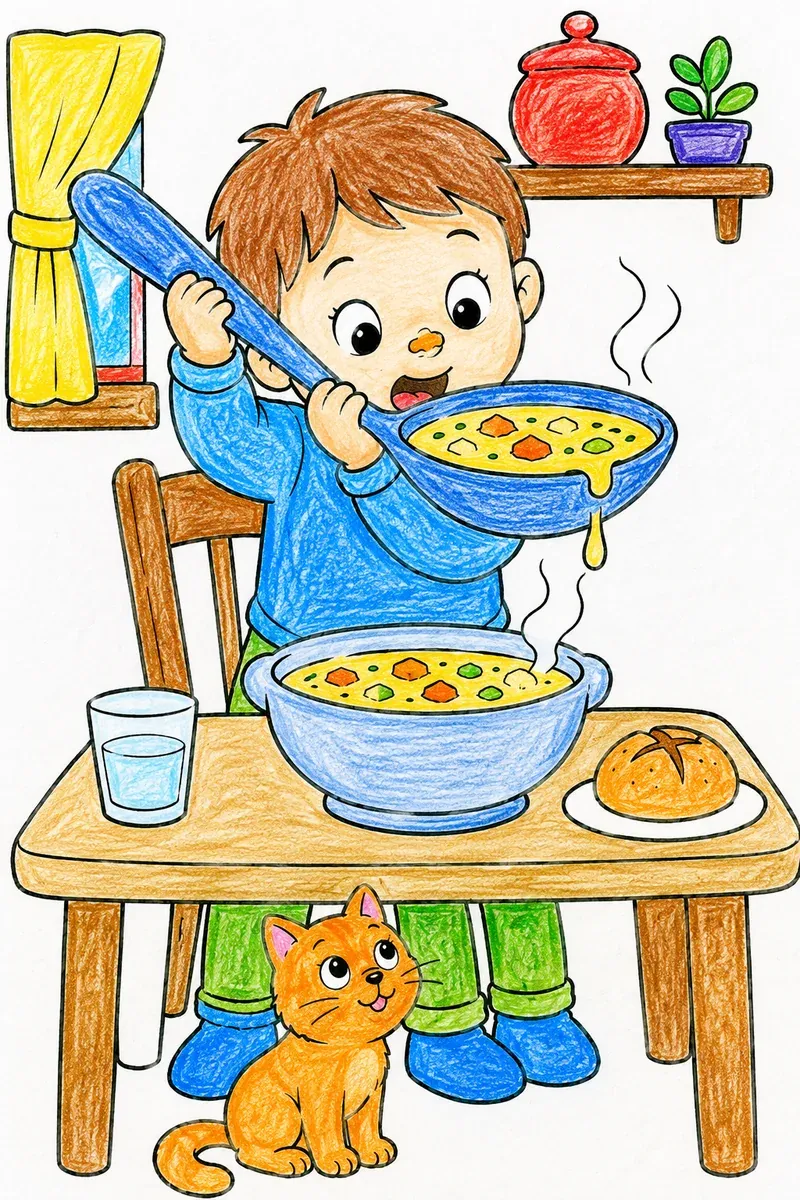 Kind isst Suppe mit zu großem Löffel
