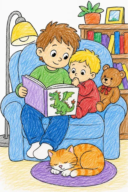 Ausmalbild eines älteren Kindes das dem kleinen Geschwisterchen ein Bilderbuch vorliest