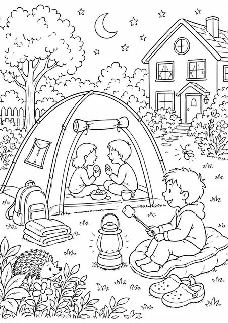 Kinder übernachten im Zelt im Garten