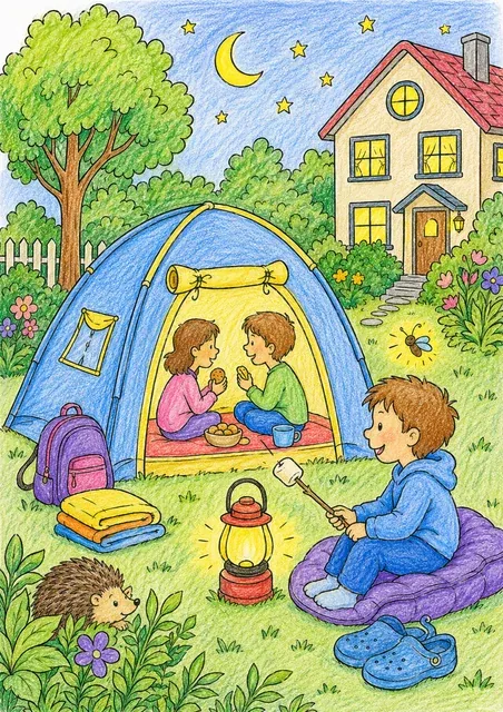 Kinder übernachten im Zelt im Garten – So könnte es aussehen
