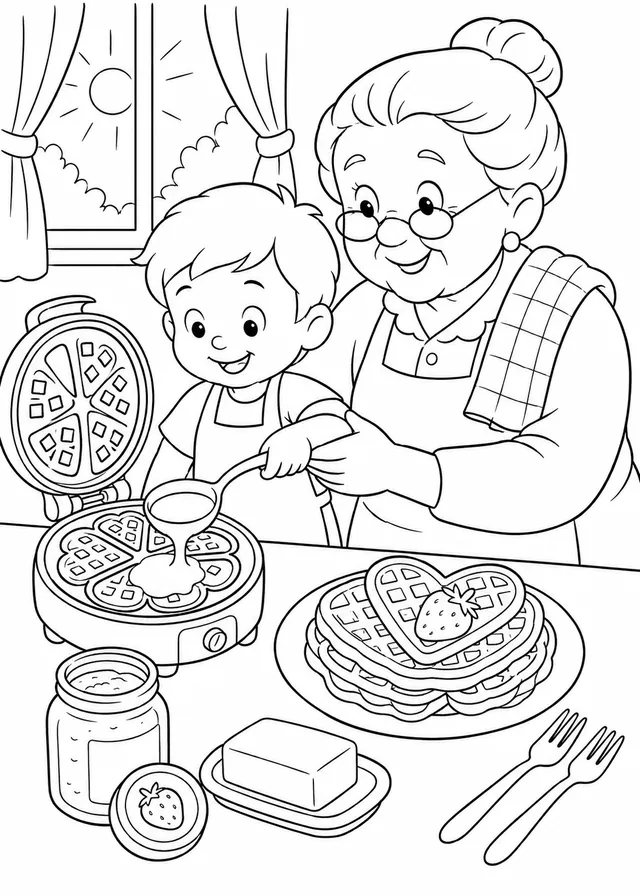 Oma und Kind backen Waffelherzen