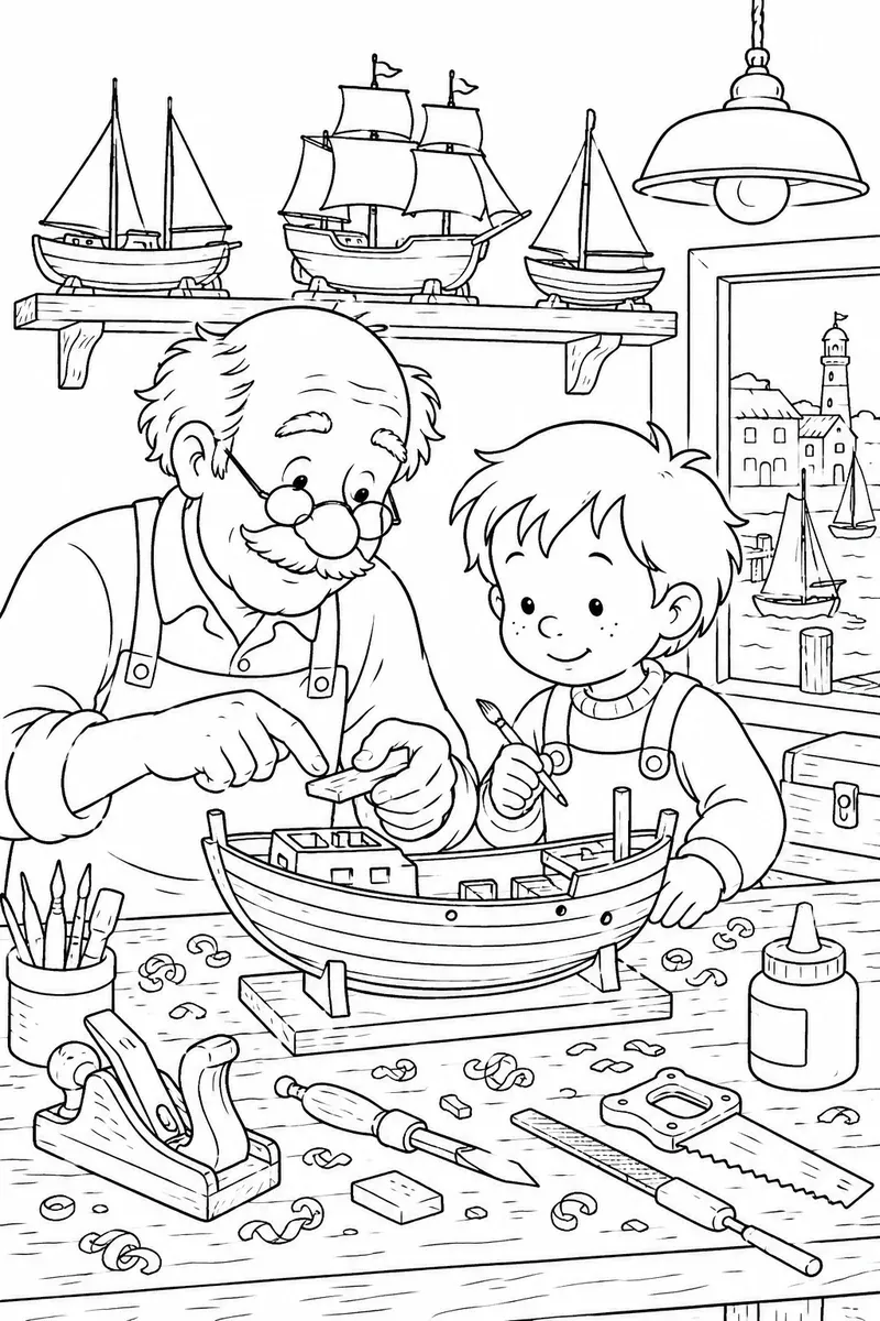 爷爷和孙子在工作台一起制作模型船的涂色画