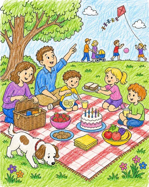 Ausmalbild einer Familie beim Picknick auf einer Decke im Park