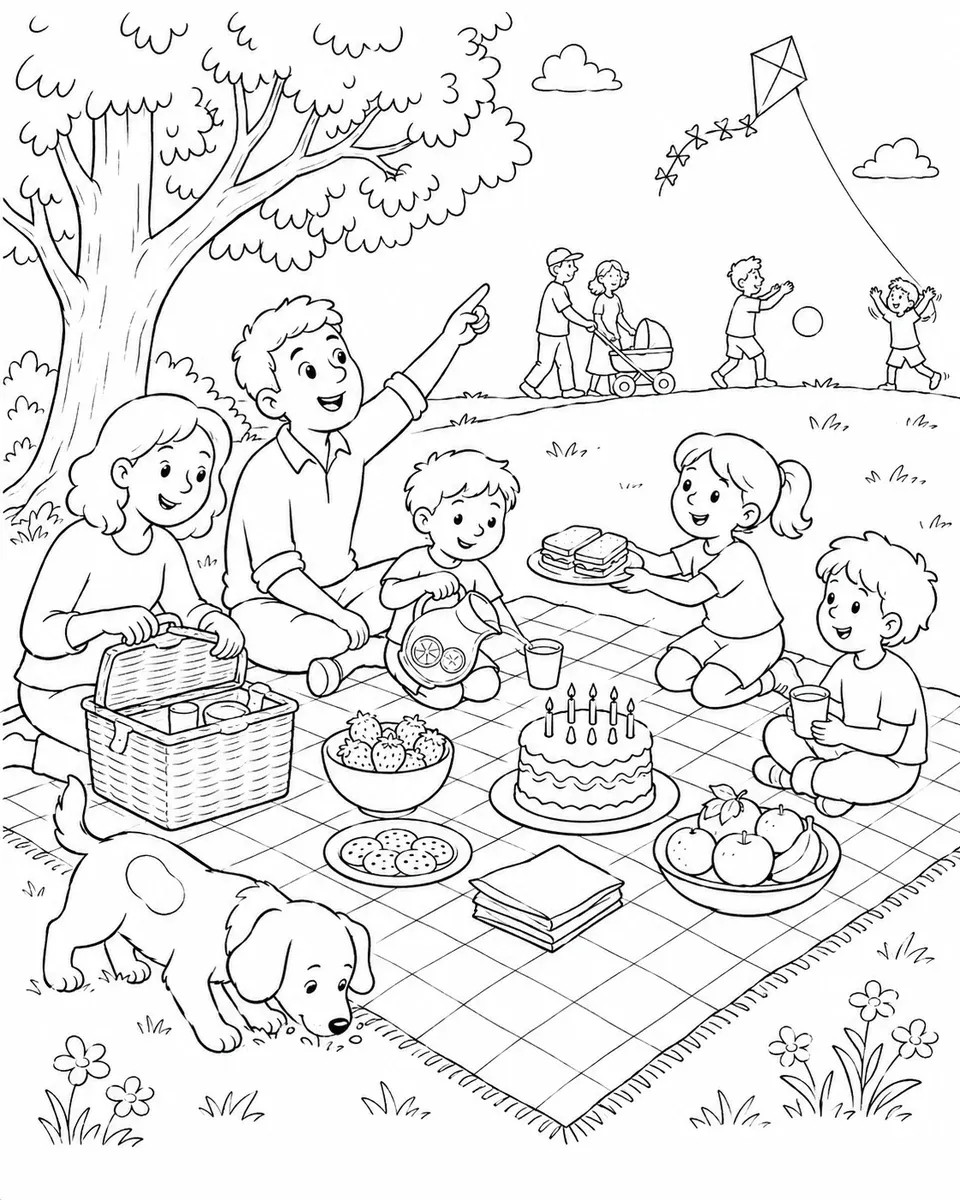 Ausmalbild einer Familie beim Picknick auf einer Decke im Park