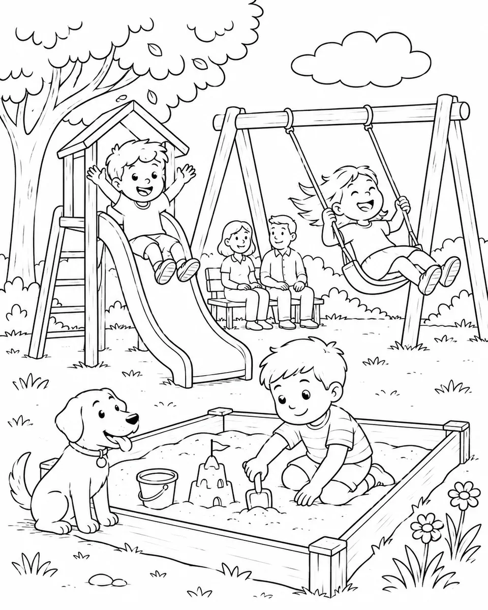 Ausmalbild von Kindern auf einem Spielplatz mit Rutsche und Schaukel