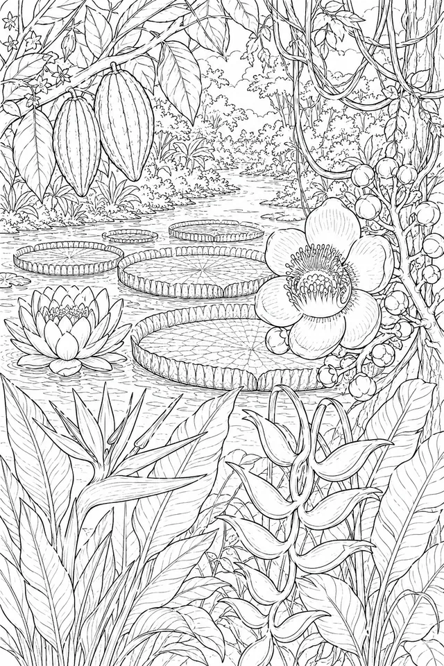 अमेज़न – Victoria amazonica / Theobroma cacao / Couroupita guianensis / Heliconia / Strelitzia