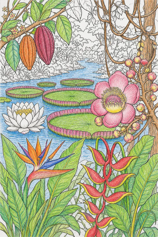 Amazon: Victoria amazonica rim ribbed / Theobroma cacao pod cauliflorous / Couroupita sphere hanging / Heliconia boat bracts red / Strelitzia orange blue spathe