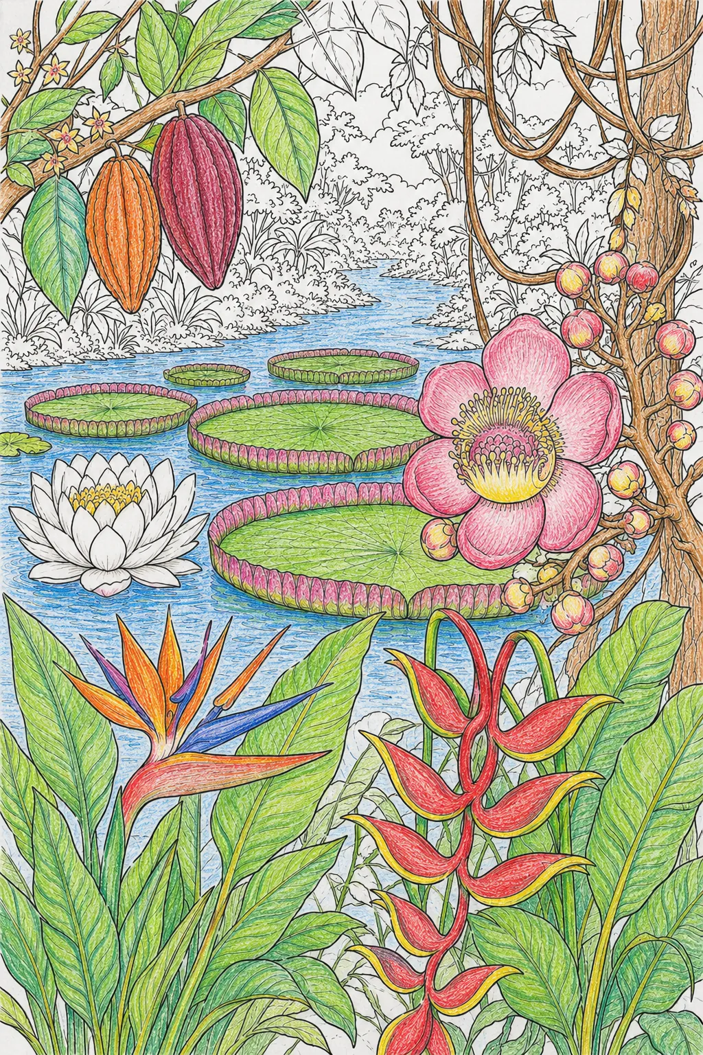 अमेज़न – Victoria amazonica / Theobroma cacao / Couroupita guianensis / Heliconia / Strelitzia