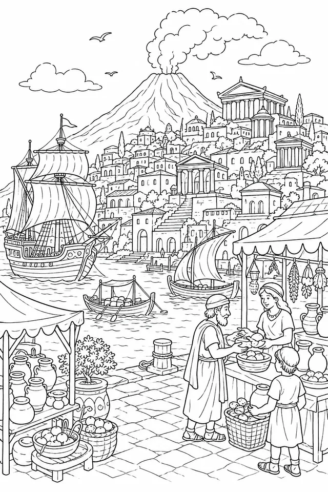Antike Hafenstadt auf einer Vulkaninsel