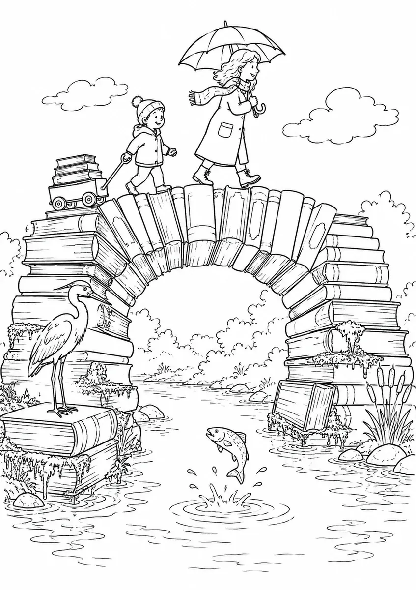 叠书桥跨河的涂色画