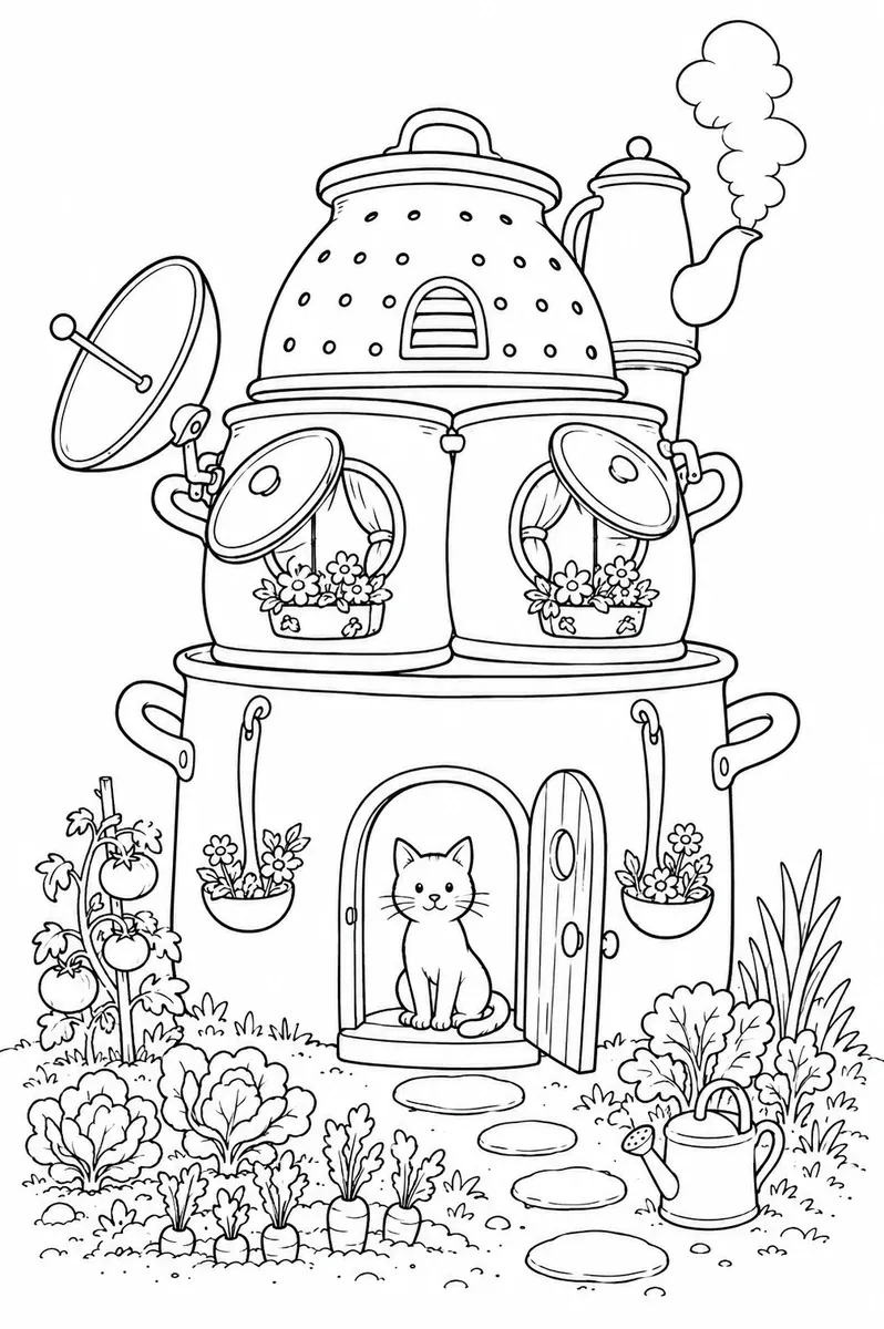 用锅碗叠成带锅盖窗户的房子涂色画