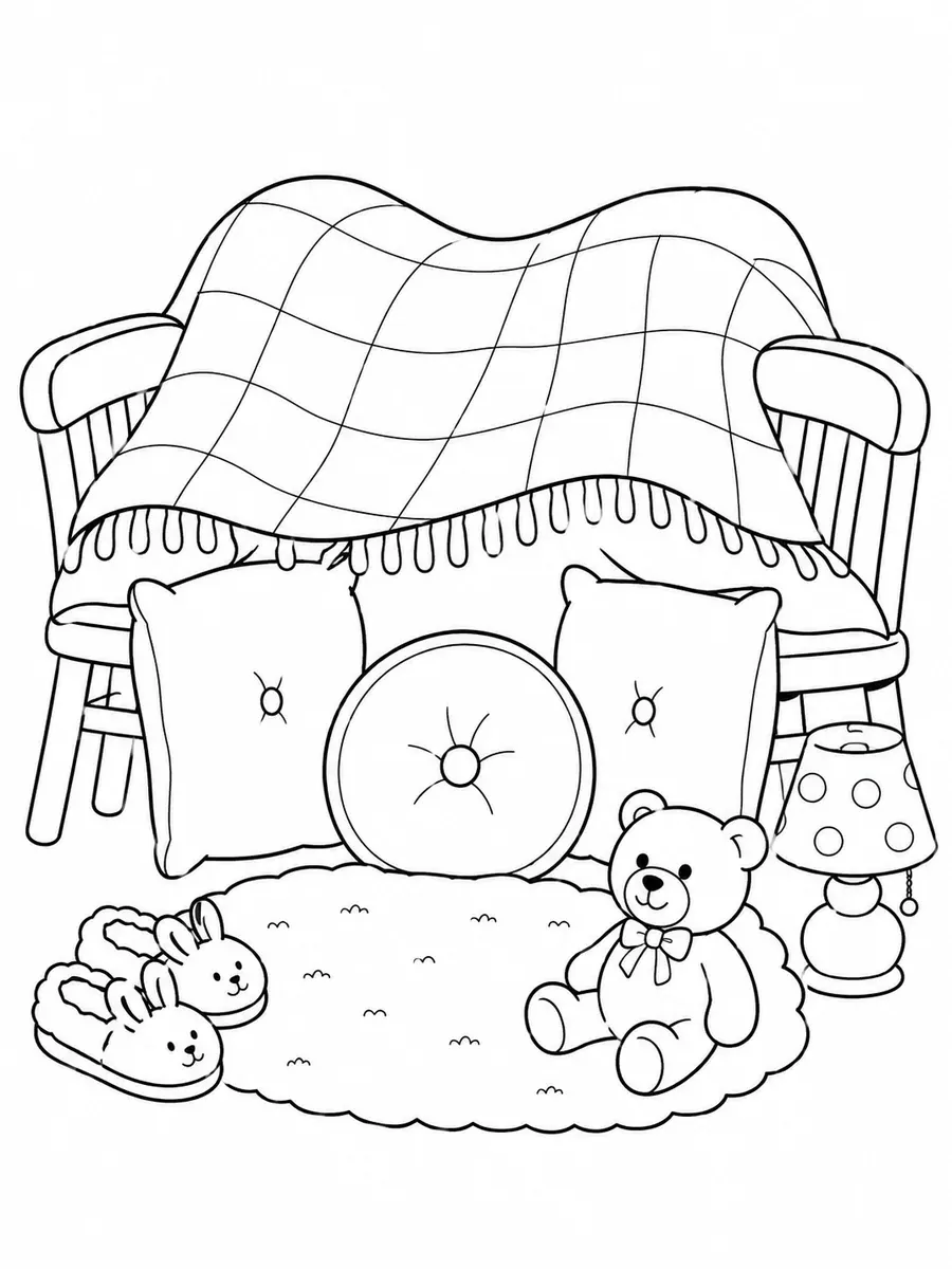 Haus aus Kissen und Decken im Zimmer