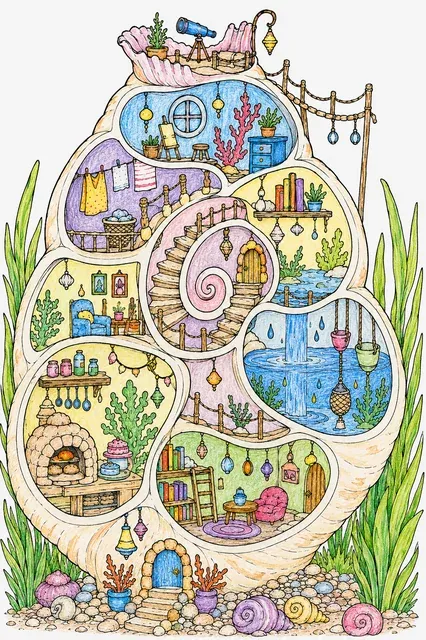 Ausmalbild einer riesigen Spiralmuschel als Stadt im Querschnitt