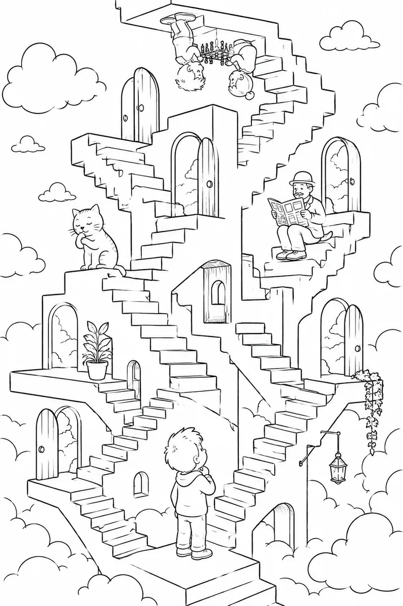 向各方向延伸的楼梯建筑与小居民的涂色画