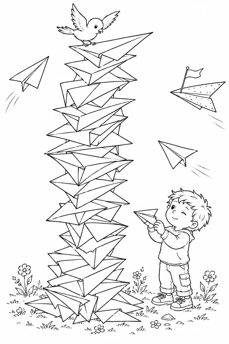 孩子叠纸飞机塔顶有鸟的涂色画