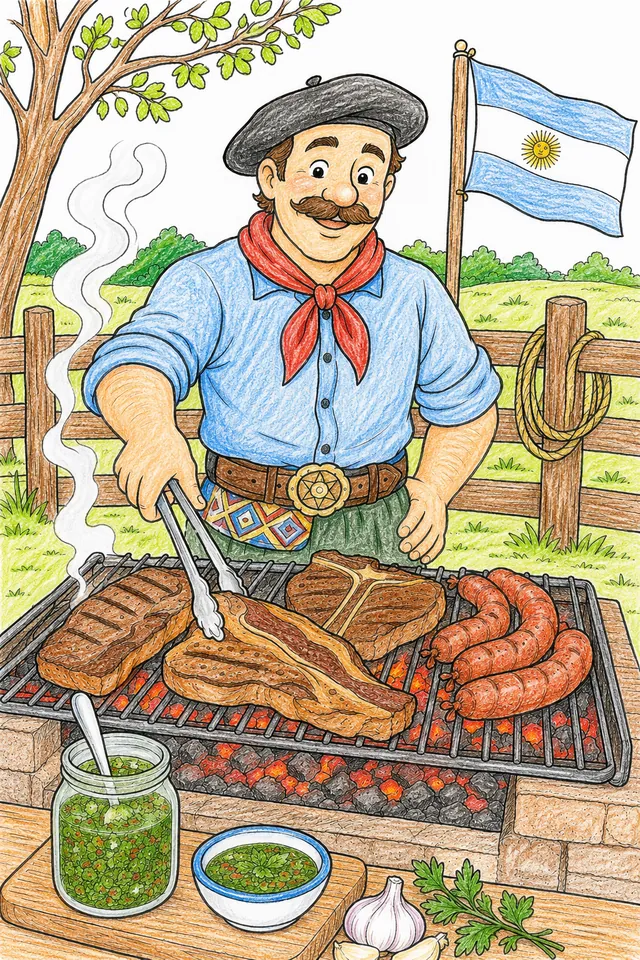 Ausmalseite: Argentinischer Asador in Gaucho-Kleidung grillt Rindfleisch auf Parrilla über Glut