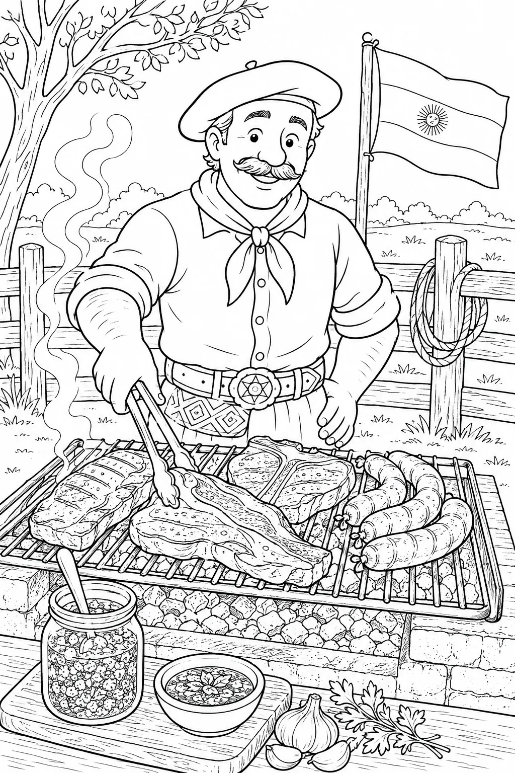 Ausmalseite: Argentinischer Asador in Gaucho-Kleidung grillt Rindfleisch auf Parrilla über Glut