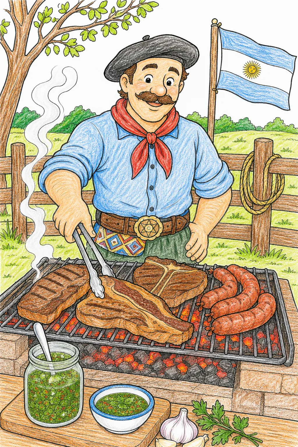 Argentinischer Koch dreht Asado am Feuer
