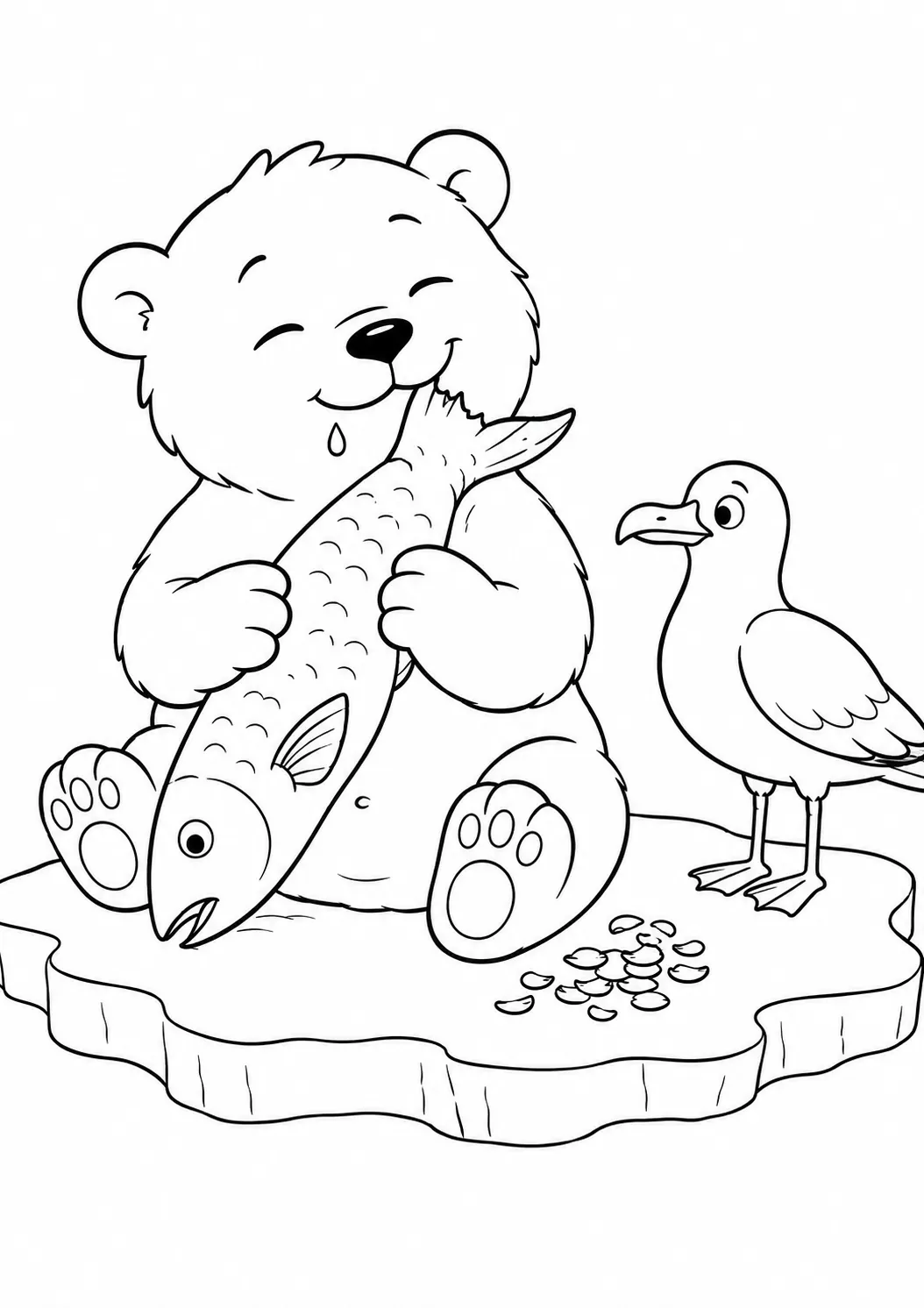 Ausmalbild: Kleines Eisbär-Baby sitzt auf dem Eis und hält einen großen Fisch mit beiden Pfoten zum Fressen
