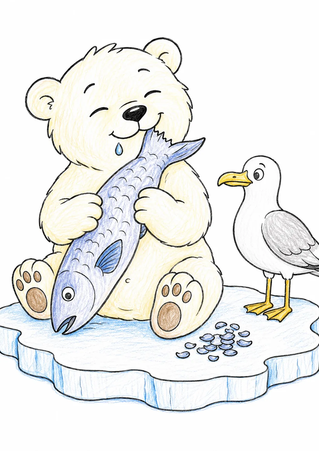Eisbär-Baby isst seinen ersten Fisch