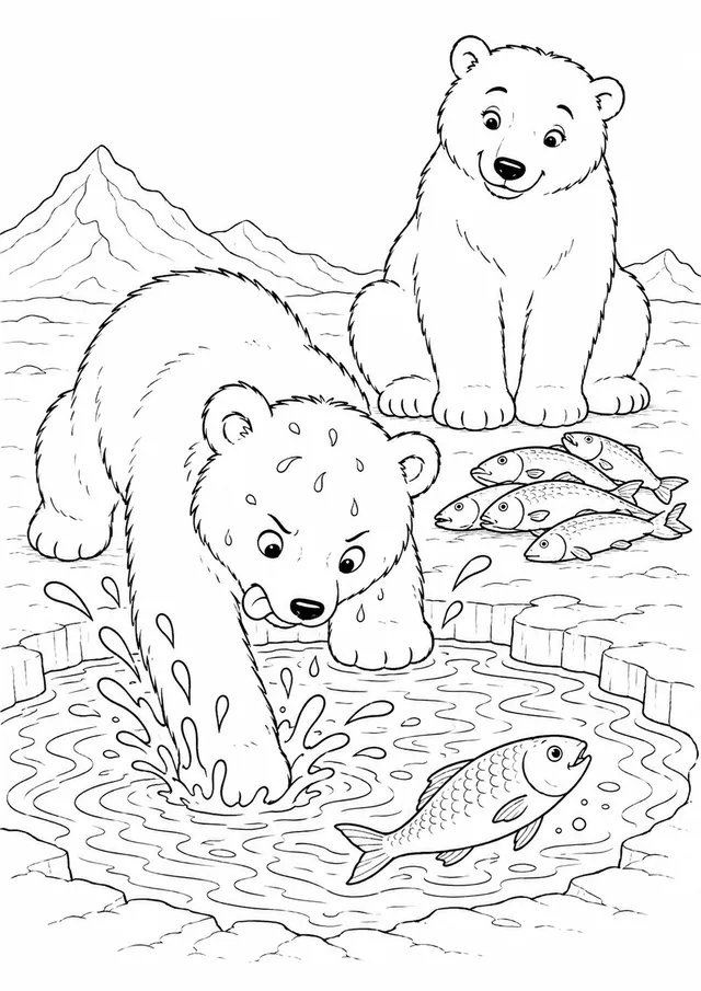Eisbär-Kind versucht, einen Fisch zu angeln
