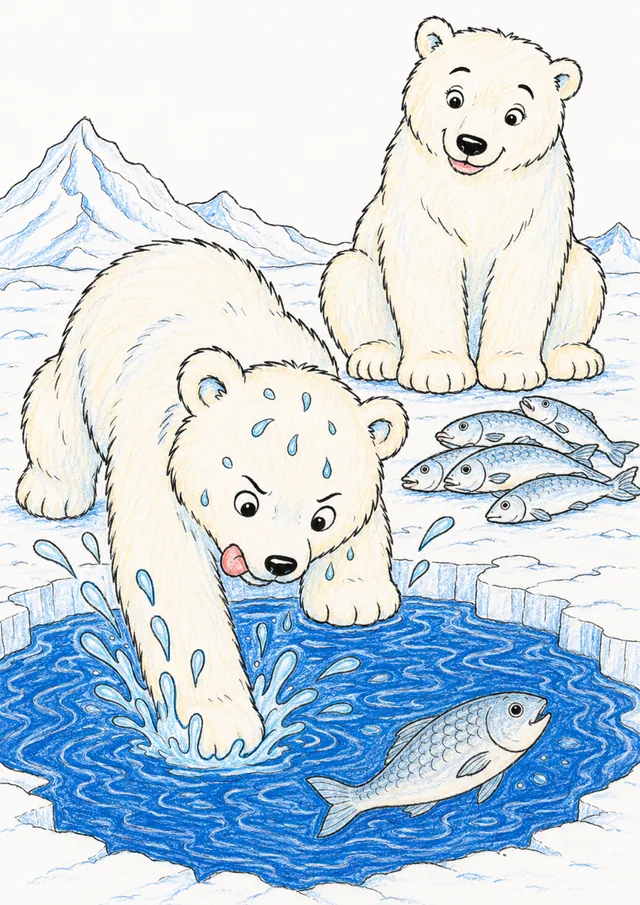 Ausmalbild: Kleines Eisbär-Kind streckt Pfote ins Eisloch und versucht einen Fisch zu greifen