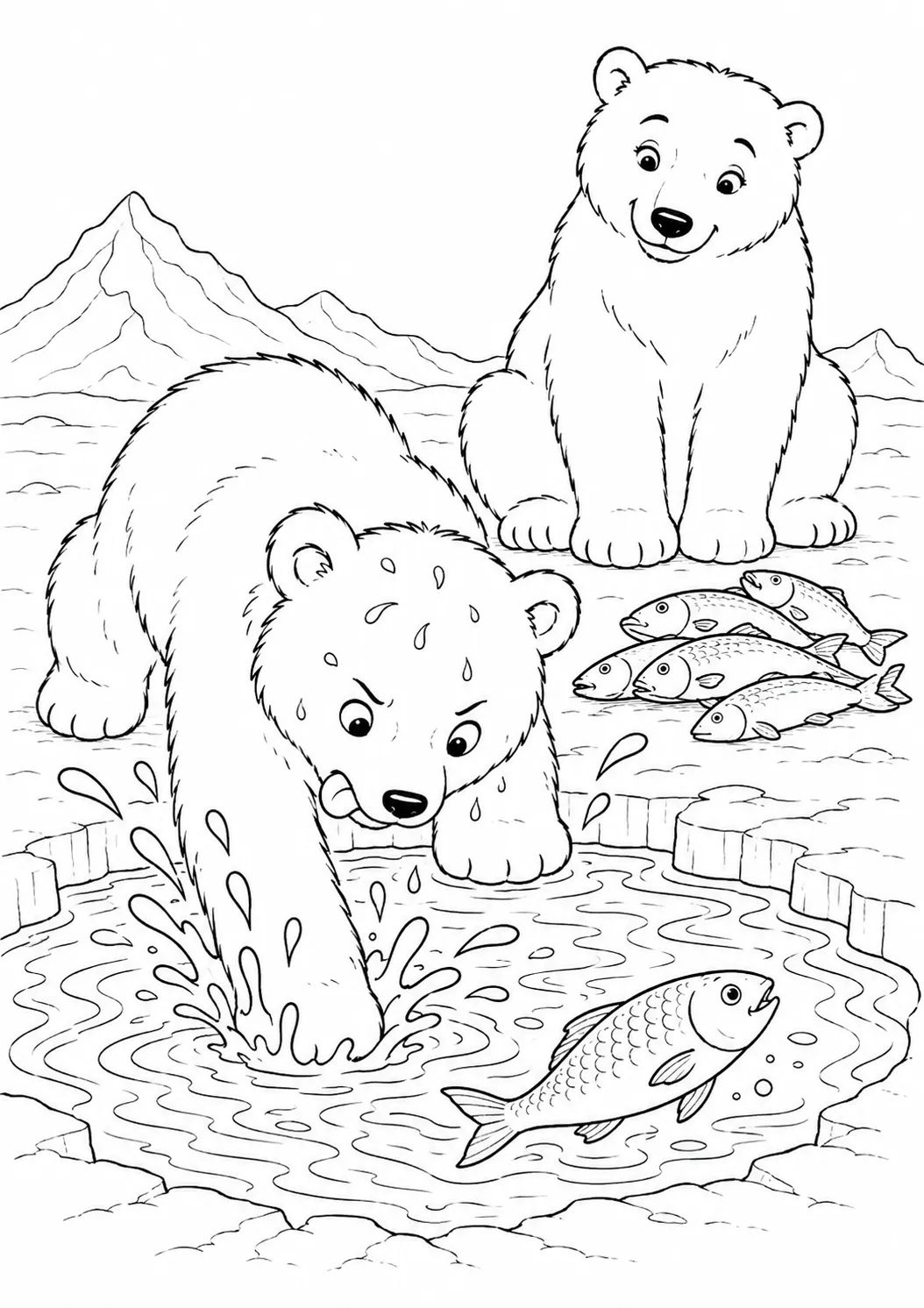 Ausmalbild: Kleines Eisbär-Kind streckt Pfote ins Eisloch und versucht einen Fisch zu greifen