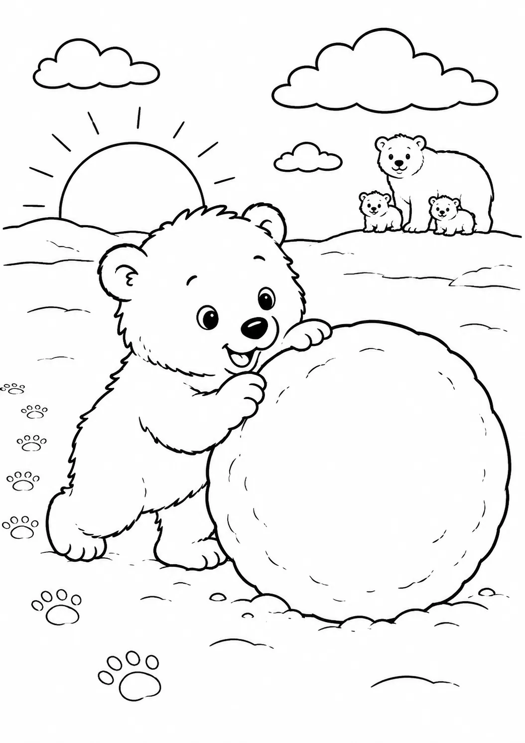 Ausmalbild: Kleines Eisbär-Kind schiebt mit beiden Vorderpfoten einen großen Schneeball durch den arktischen Schnee