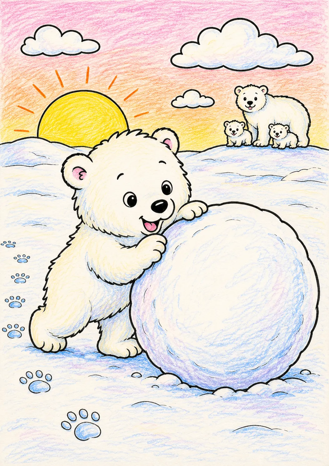 Eisbär-Kind rollt Schneeball im Morgenrot