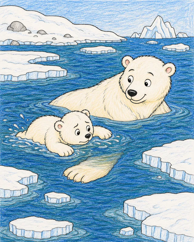 Eisbär-Mutter lehrt ihr Kind das Schwimmen – So könnte es aussehen
