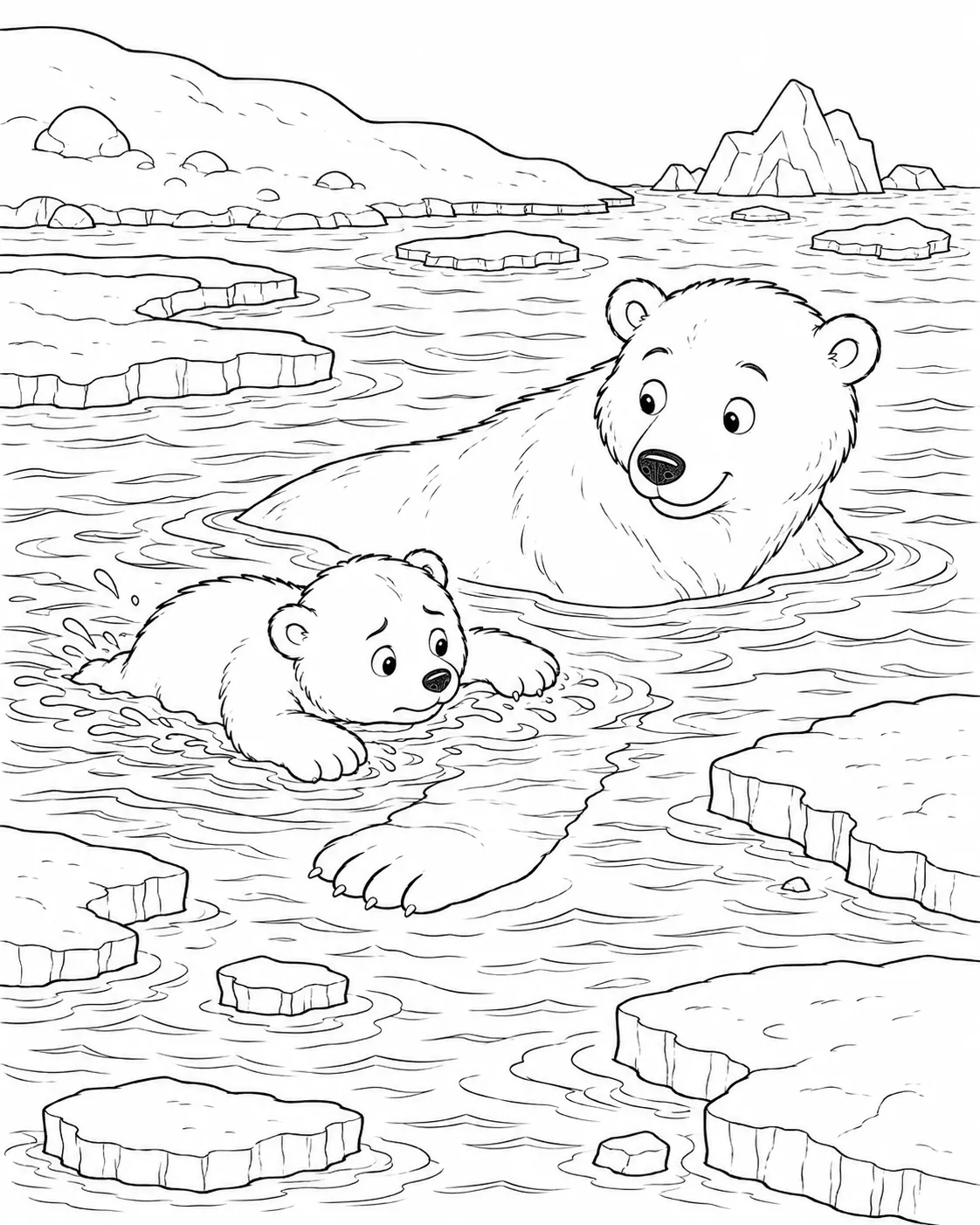 Ausmalbild: Eisbär-Mutter schwimmt neben ihrem nervösen Jungtier im arktischen Eiswasser und gibt Mut