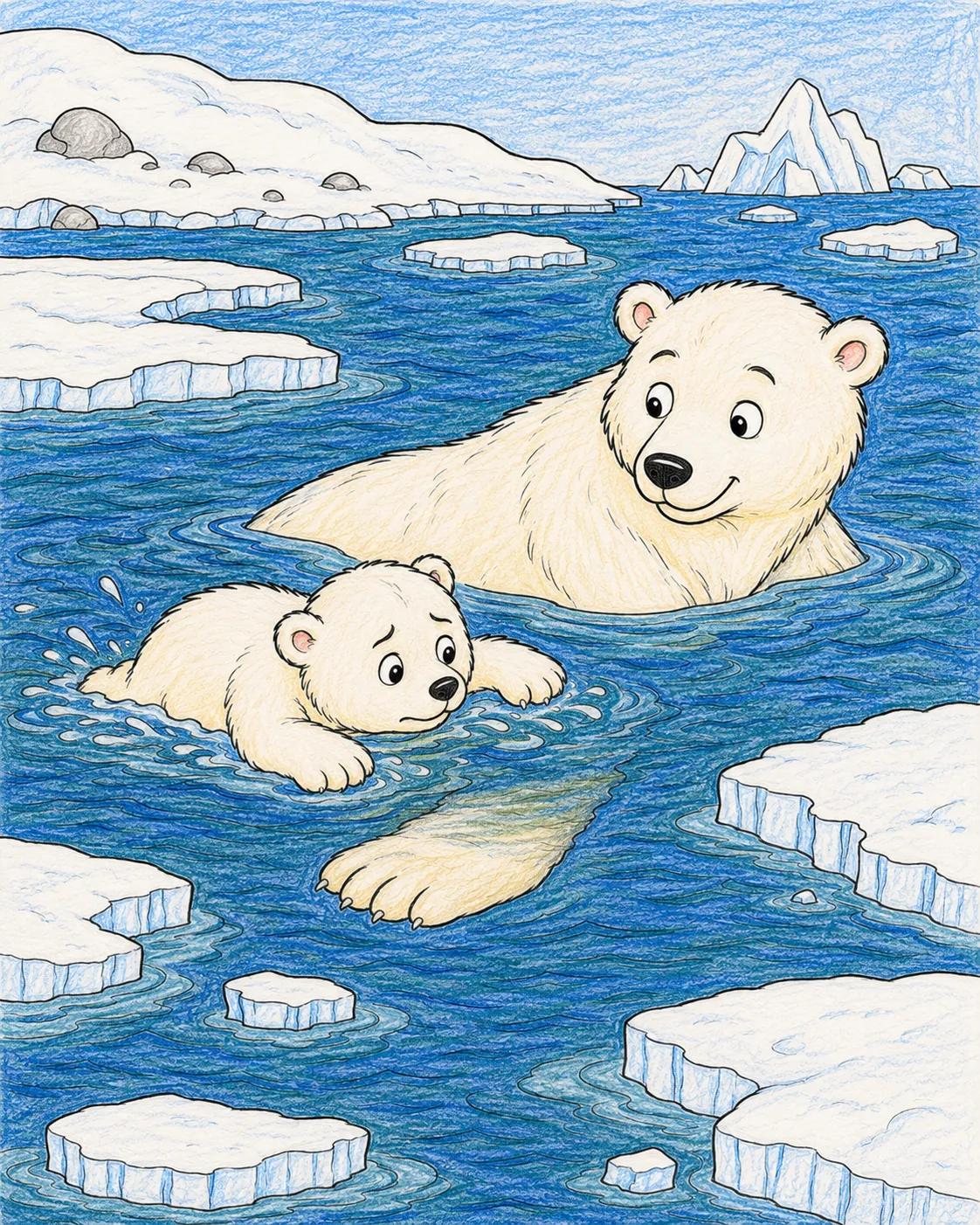 Eisbär-Mutter lehrt ihr Kind das Schwimmen