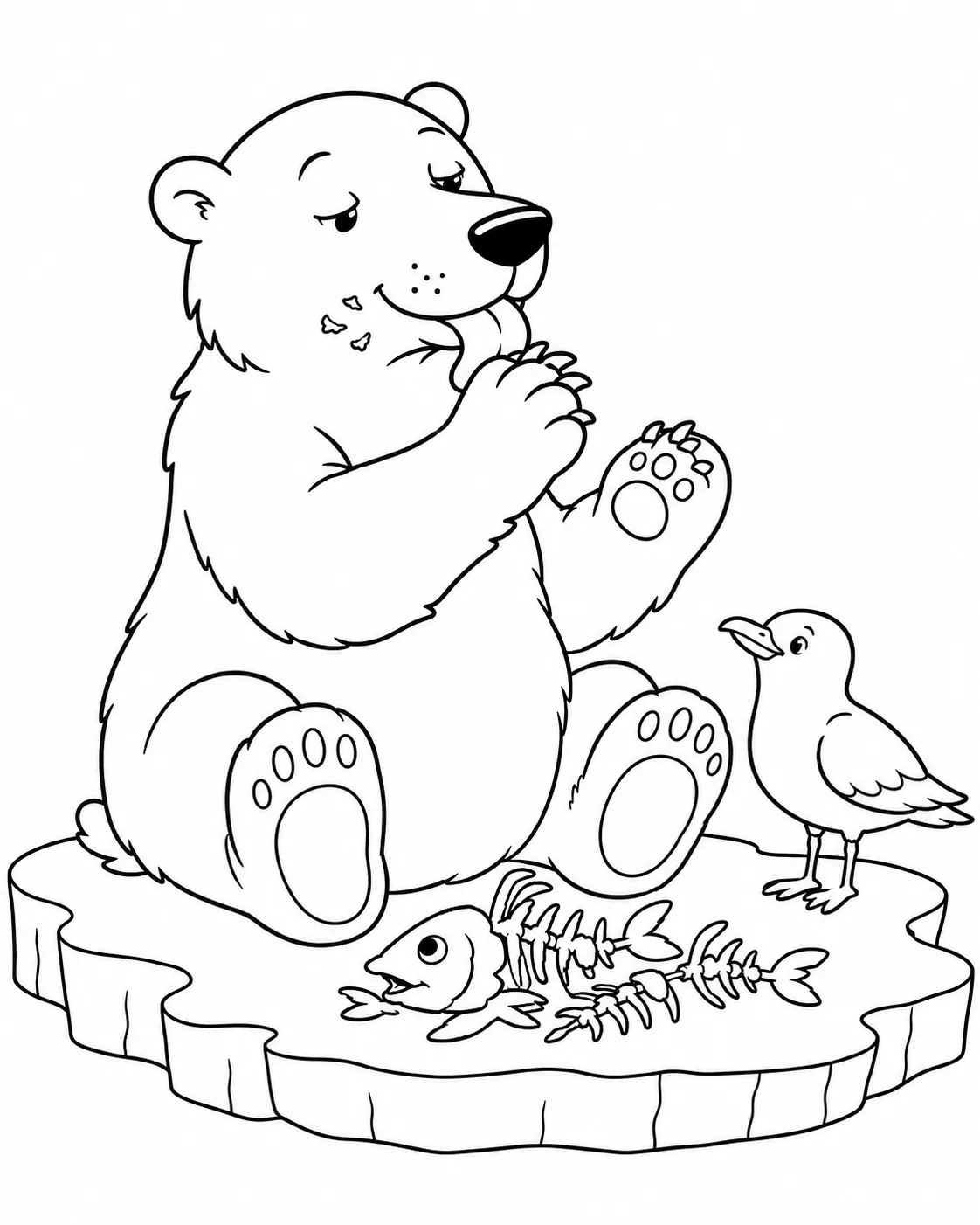 Coloring page: polar bear sitting upright on ice and licking its paws clean dignifiedly after fishing