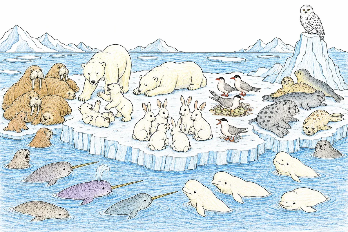 Eisscholle-Panorama mit arktischen Tiergruppen