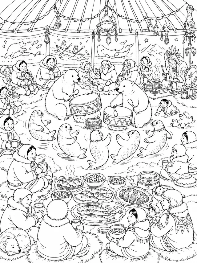 因纽特社区帐篷内部庆典场景
