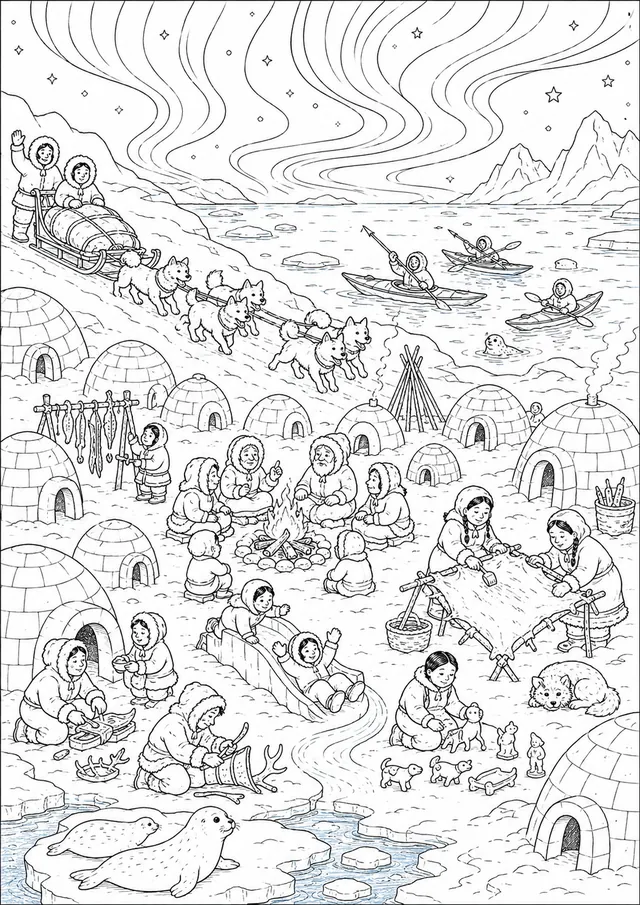 Inuit-Dorf im Winter – großes Wimmelbild
